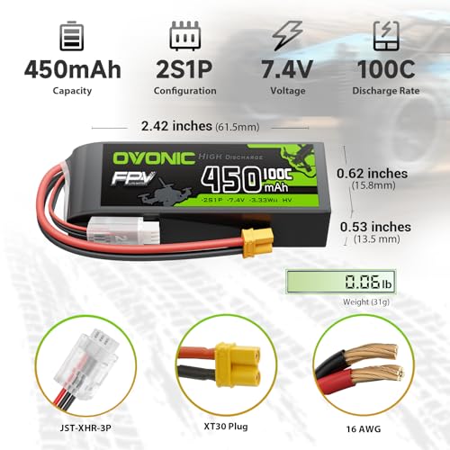 OVONIC 2S 450mAh Lipo Battery 7.4V 100C High Voltage Battery with XT30 Plug for RC Car Truck RC Vehicles Boat Drone RC Airplane Quadcopter Helicopter FPV Racing Hobby Models [4pcs]