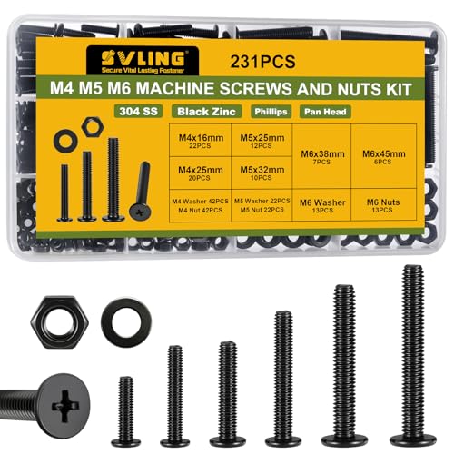 231Pcs Machine Screws and Nuts Assortment Kit,M4 M5 M6 Phillips Flat Round Head 304 Stainless Steel Metric Nuts and Bolts Washers Kit Black,for Wall Plate Switch/Furniture Assembly - size: M4/5/6 231PCS SS Machine Black