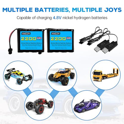 2PCS 4.8V 2200mAh AA NiMH Battery SM-2P Plug with USB Charger Remote Control Toy Car Battery for SY-E511 RC Excavator, E562 TD141 RC Car,Truck,and Off-Road Vehicle Batteries