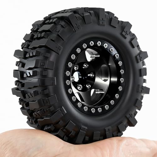 REDSPIDER 4PCS 1.9" RC Crawler Tires Mud Slingers (OD 95mm/3.75") & Beadlock Wheels, Deep Dish -10.4mm Negative Offset Rim for 1/12 MJX H12Y, MN128, MN82S, (Black) - color: Black