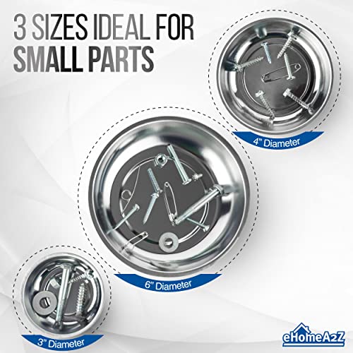 Magnetic Tray 3-Piece Set, Round Stainless Steel Magnetic Parts Trays for Screws, Nuts, Bolts, Pins and Small Tools, Magnetic Bowls for Garage, Workshop and Automotive Repair