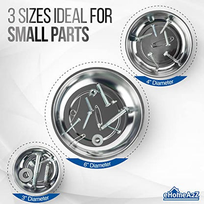 Magnetic Tray 3-Piece Set, Round Stainless Steel Magnetic Parts Trays for Screws, Nuts, Bolts, Pins and Small Tools, Magnetic Bowls for Garage, Workshop and Automotive Repair