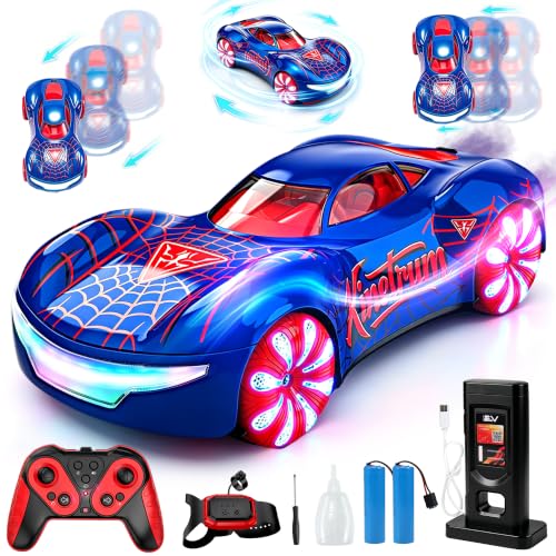 Gesture Sensing RC Stunt Car, 2.4GHz 4WD Remote Control Car for Boys 4-12 | 50 Min Play Dual Batteries, 360° Spinning Drift ,Mist Spray & LED Wheels, Birthday Gift for Kids Boys, Party Gifts, Blue-Red - color: 1-blue
