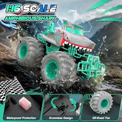 Waterproof Shark Remote Control Car, 1:16 Amphibious RC Cars 4WD All Terrain Off Road Monster Trucks Toys, RC Truck Pool Toys for Kids 3-5 6-8 8-12 Year Old Boy Birthday Gift, Gray - color: Gray