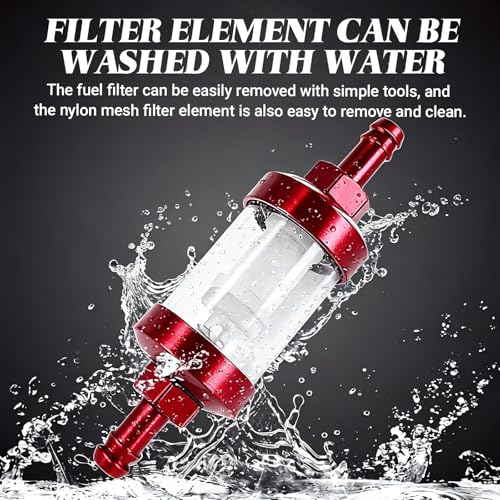 Car Fuel Filters, Tempered Glass Waterproof Fuel Filter Cup, Inline Alloy Rust-Proof and Durable Efficient Filter Oil Cup, Universal for Truck Motorcycle SUV Car (Red)