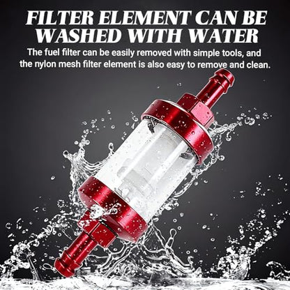 Car Fuel Filters, Tempered Glass Waterproof Fuel Filter Cup, Inline Alloy Rust-Proof and Durable Efficient Filter Oil Cup, Universal for Truck Motorcycle SUV Car (Red)