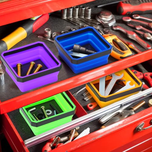 Barydat 10 Pcs Magnetic Tool Tray Collapsible Foldable Parts Trays Set Magnetic Screw Tray Magnetic Parts Bowl Square Silicone Magnetic Tool for Bolts Nuts Washers Pins Screw Parts (Multicolor) - color: Multicolor