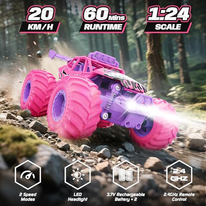 Remote Control Car, All Terrain RC Cars with Speed Switch RC Truck with LED Headlight and Rechargeable Batteries, 20KM/H Monster Truck Toys Gift for Girls Age 6-8 8-12, Pink - color: Pink