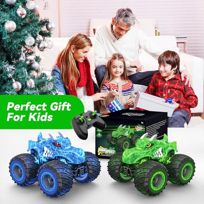 AUUGUU Remote Control Car, 2.4GHz Monster Trucks Toys with Light Spray, Birthday Gift for Kids 3 4 5 6 7 8, All Terrain RC Cars, Toddler Toys for Boys Girls 3+ Year Old (Dinosaur-Green) - style: Dinosaur-green