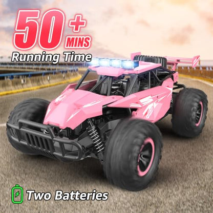 Remote Control Car for Girls 50+min Monster Trucks 20km/h 1:12 Scale 13 Inch All Terrains RC Truck with Flashing Chassis Lights Gift Toys for Girls Kids Boys - color: Pink