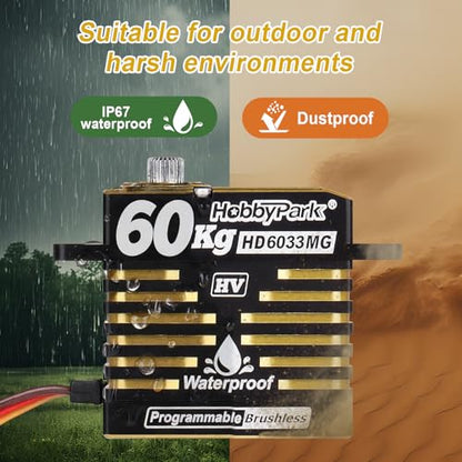 HobbyPark Waterproof 828oz 60KG High Torque Servo Brushless Motor 8.4V HV Servo Metal Gear Digital Servo Programmable for 1/8 1/10 1/12 RC Crawler RC Truck RC Car Buggy Robotic DIY Control Angle 180°