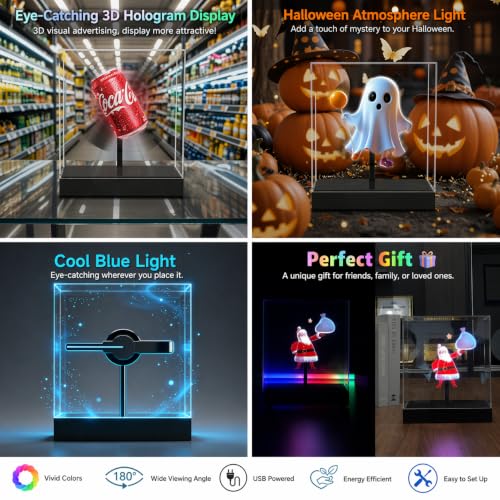 3D Hologram Fan with Safety Protective Cover,1500+ Built-in Videos Library | APP Controlled Holographic Projector for Showcase,Naked-eye 3D Desktop Hologram Fan Display for Business,Bar,Cafe,Halloween