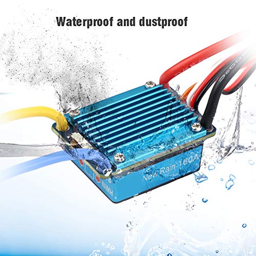 3S 160A Waterproof Brushed ESC with 5V 1A BEC T Plug, Electronic Speed Controller for 1/12 1/10 1/8 RC Car Auto Throttle Calibration Multiple Protections