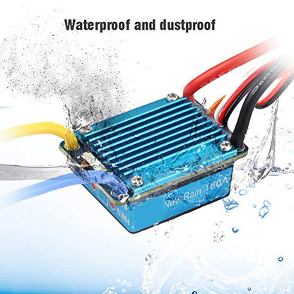 3S 160A Waterproof Brushed ESC with 5V 1A BEC T Plug, Electronic Speed Controller for 1/12 1/10 1/8 RC Car Auto Throttle Calibration Multiple Protections