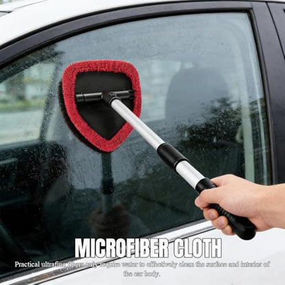 Windshield Cleaner Tool, Windshield Cleaning Tool, Car Window Detailing Cleaning Kit with Extendable Handle and Reusable Microfiber Pads, Auto Glass Wiper Brush for Car Office Home (Red) - color: Red