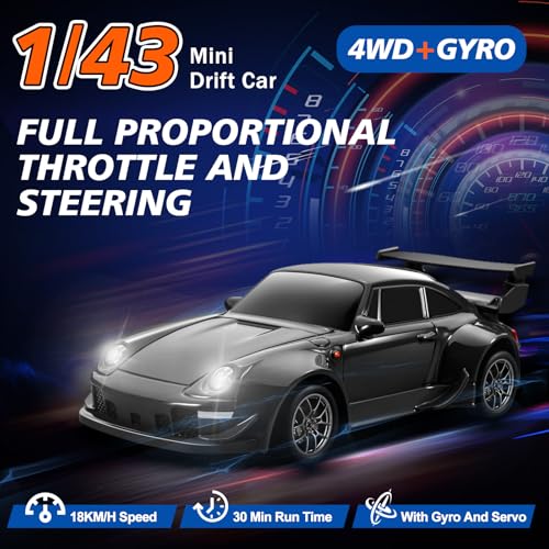 Mini RC Drift Car with Gyro, 1:43 4WD Full Proportional RC Cars, 18KM/H High Speed Remote Control Car with Lights, Extra Racing Tires, Vehicle for Adults Kids Boys, Black - color: Black