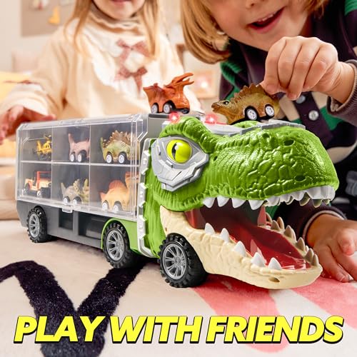 JOYIN 13 in 1 Dinosaur Toys for Kids 3-5, Transport Dinosaur Carrier Truck with 12 Pull Back Cars, Toddler Toys 3-4， Birthday Gifts for 3 4 5+ Year Old Boys - style: Tyrannosaurus Truck