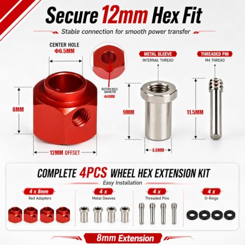 4PCS 12mm Hex Hub 8mm Offset Wheel Hex Extension for Traxxas TRX4 TRX6 1/10 | CNC Metal Wheel Spacer for RC Crawlers Helps Increase Track Width and Side-Hill Stability Reduce Vibration Add Tire Clearance - color: red