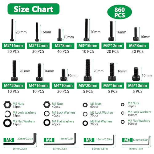 860Pcs M2-M5 Metric Screws, 12.9 Alloy Steel Hex Bolts & Nuts Kit | High-Tensile,M2 M3 M4 M5, Hex Socket Head Cap Bolts & Nuts Kit, With Lock & Flat Washer & Wrench, For 3D Printing,DIY, Home - size: M2 M3 M4 M5 860pcs 3