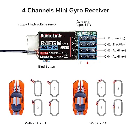 Radiolink RC6GS V3 7 Channels RC Transmitter and R7FG&R4FGM Gyro Receiver, 2.4GHz 600m RC Remote, Voltage Telemetry RC Controller and Receiver kit for Remote Control Car, Boats