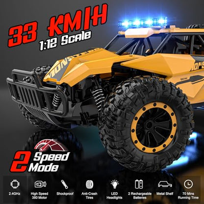 BLUEJAY Remote Control Car, 2.4GHz High Speed 33KM/H RC Cars Toys | 1:12 Monster RC Truck Off Road with LED Headlight and Rechargeable Battery Gifts for Adults Boys 8-12 - color: Matt Yellow