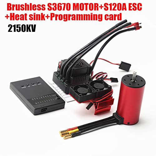 GoolRC 3670 2150KV Brushless Motor Sensorless Waterproof Motor and 120A Brushless ESC with T Plug + Heat Sink + Programming Card Combo Set Replacement for HSP HPI Traxxas 1/8 RC Car Truck