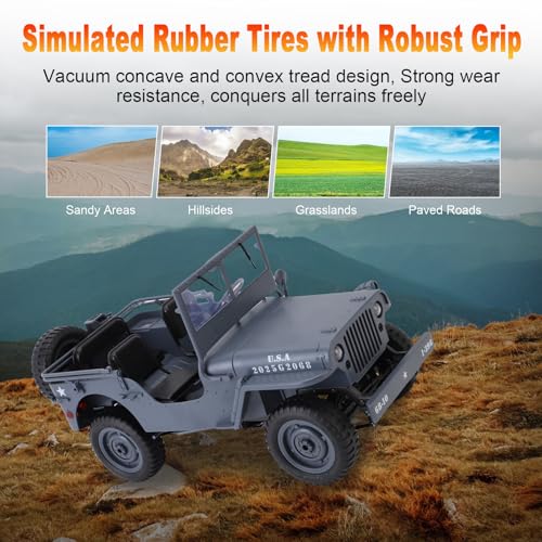 RC Crawler, 1:10 Scale D888 Willys Military Jeep, 2.4Ghz 4WD Off Road Rock Crawler with Lights, Removable Accessories All Terrain RC Jeep Toy for Adult Teens-Upgradable (2 Batteries) - color: Grey