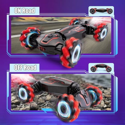 Gesture Sensing RC Stunt Car, 360° Off-Road,Gift for 5-13 Kids | Dual gesture & remote control, 4WD 360° rotating drift RC car with cool lights & music, ideal birthday gift for 5-13 boys - color: L-red