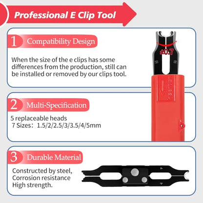 E Clips Assortment Kit with Removal and Installation E Clip Tool - E Clips Tool 350Pcs E Clips on 7 Sizes - 1.5mm 2mm 2.5mm 3mm 3.5mm 4mm 5mm Clip Rings E Clips Tool