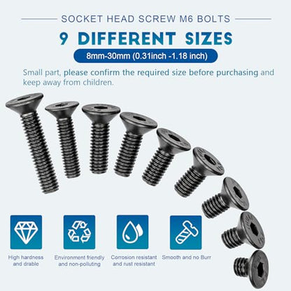 NINDEJIN Metric M6 Screws Set, Hex Socket Flat Head M6 Screw Assortment Kit, 9 Lenght Screw Bolts and Hex Nuts, Carbon Steel, Allen Socket Drive, Black Parts - size: 146PCS M6 8mm-30mm