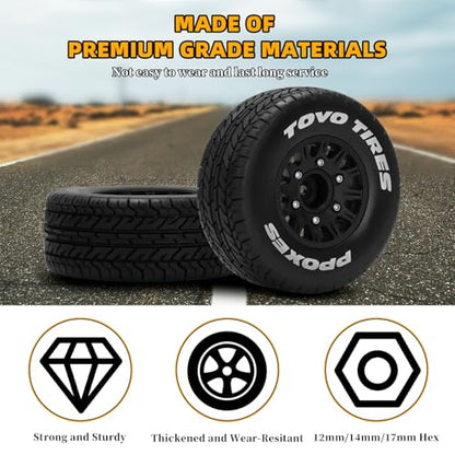 12mm/14mm/17mm Hex RC Wheels and Tires RC Truck Tires 1/10 Scale Tyres Detachable Replacement RC Car Tires RC Car Wheels for Arrma Senton Tires Slash Tires Axial Redcat Rc4wd Hex Fury (Black B)