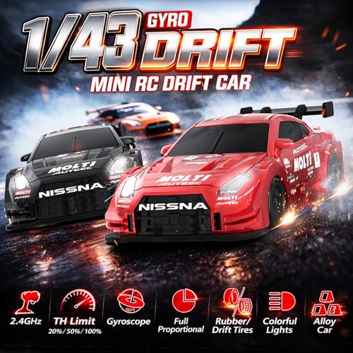 1/43 Mini RC Drift Car with Gyro, 2.4GHz Full Proportional RC Car, 20KM/H Professional High Speed Remote Control Car with Lights, Desktop Drift Car Racing Toy Gifts to Adults Kids Boys - color: Red