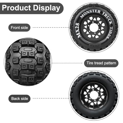 LRFHL MX28 F/R 2.8" RC Monster Truck Tires and Wheels 4PCS, Black | 12mm/14mm Hex Adapter, 1/10 RC Monster Truck, Compatible with Traxxas Stampede Rustler Redcat Arrma Vorteks Big Rock Granite - color: Black Tires+ Black Wheel-10