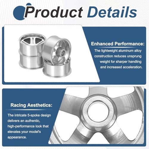 MECCANIXITY 4Pcs RC Car Wheel Rims, 20.5mm Dia 5-Spoke Silver Aluminum Alloy Wheel Rims Hex Hub for HSP RC Drift Racing Touring Car - color: Silver, size: 20.5mm Dia