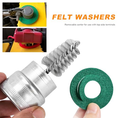 Battery Terminal Cleaner Tool Kit, 2 Battery Cleaning Brushes and 12 Anti Corrosion Terminal Washers Protector Fiber, Battery Post Wire Brushes for Car, Marine, Boat, RV
