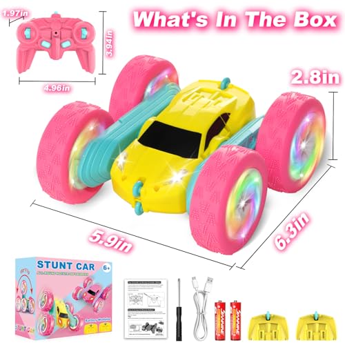 Remote Control Car, RC Cars for Girls, Double-Sided 4WD Stunt Car with RGB Lights & 360° Flips, USB-C Modular Batteries, Toys for Ages 5–7, Birthday Gift for 6+ Year Old Girl, Yellow-Pink - color: Pinkyellow