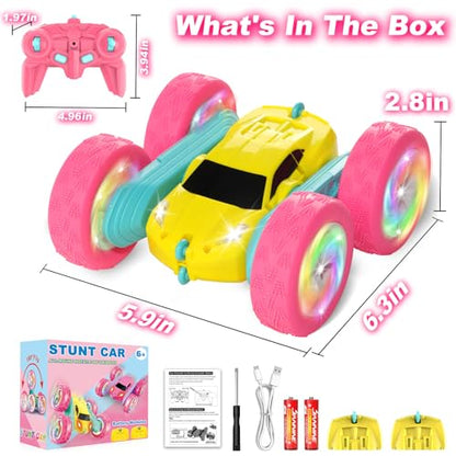 Remote Control Car, RC Cars for Girls, Double-Sided 4WD Stunt Car with RGB Lights & 360° Flips, USB-C Modular Batteries, Toys for Ages 5–7, Birthday Gift for 6+ Year Old Girl, Yellow-Pink - color: Pinkyellow