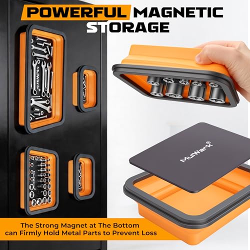 MULWARK 4Pcs Collapsible Magnetic Tray with 15Lb Magnetic Pickup Tool, 3 Sizes Silicone Magnetic Parts Tray for Organizing Screw Bolts Nuts Washers Pins Repair Tools Workshop