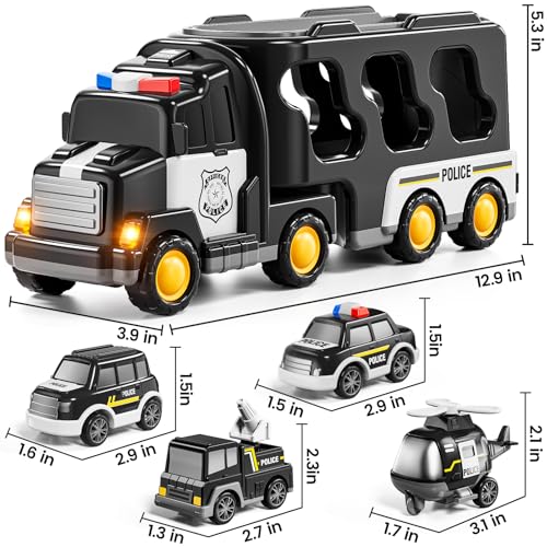 JUKUDAHU Police Truck Toy for 3 4 5 6 Years Old Boys - Carrier Vehicle Toy Set with 3 Small Cars and 1 Helicopter, Kids Firction Powered Car for Age 3-9, Gifts for Boys and Girls - style: 5 IN 1 Police Truck
