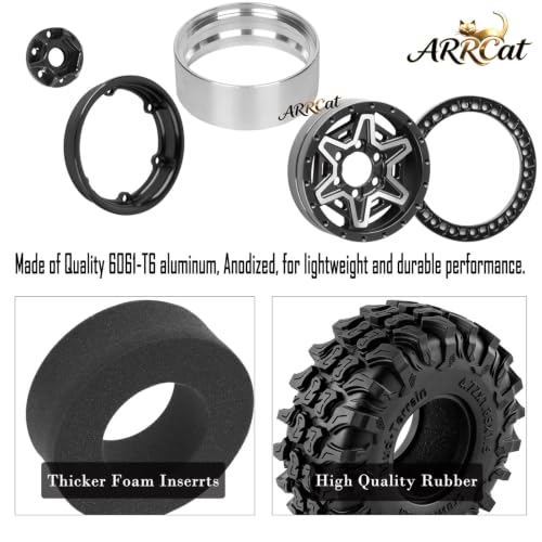 1.9 Beadlock Wheels Tires for 1/10 TRX4 TRX6 SCX10 SCX10 II 90046 SCX10 III AXI03007 SCX10 Pro Gen7/8 D90 VS4-10 MST CFX RC Crawler Car,RC Aluminium 1.9 Heavy Duty Rims and Rubber Tires,Black