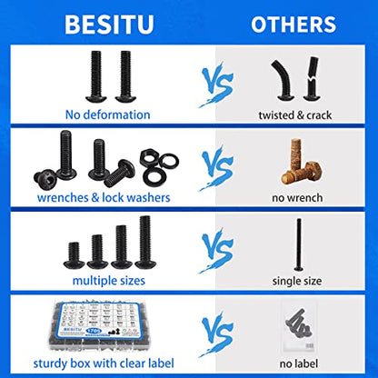 Besitu 1705 Pcs Machine Screw Assortment Kit, M2 M3 M4 M5 Metric Bolts and Nuts Kit with Lock and Flat Washers, Hex Button Head 10.9 Alloy Steel Cap Screw Set with Allen Wrench - color: Black-Hex Socket Button Head