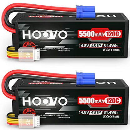 HOOVO 4S Lipo Battery 14.8V 5500mAh 120C RC Battery Hard Case EC5 Connector | 2 Pack,Compatible with Arrma Kraton 8S RC Buggy Truggy Crawler Monster Car Boat Truck - style: 4S 5500mAh 120C-EC5-2Pack(Hard Case)