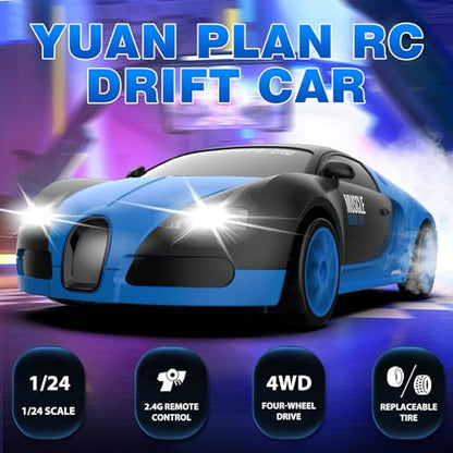 RC Drift Car, 1:24 4WD Drifting RC Cars 2.4GHz High Speed Remote Control Car with LED Light and Drift Tires Racing Toy Cars for Kids Boys Girls Adults, Blue - color: Blue