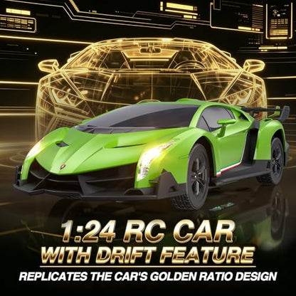 Axirata 1:24 Scale Lamborghini Remote Control Car Lambo Toy Car（Green） | Lamborghini Toy Car Officially Licensed 25KM/H Fast RC Drift Car with LED Light 2.4GHz Race Cars for Boys Girls Birthday Gift