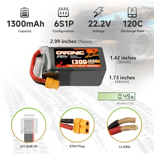 OVONIC 6s Lipo Battery 120C 1300mAh 22.2V Lipo Battery with XT60 Connector for RC FPV Racing Drone Quadcopter