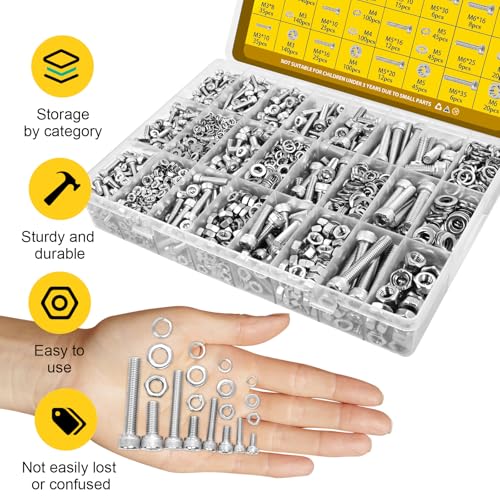 1220PCS M3 M4 M5 M6 Metric Screws Assortment Kit,Hex Socket Head Cap Bolts Nuts and Washers Assorted Kit,304 Stainless Steel Hardware Set for DIY, 3D Printer - size: SS M3M4M5M6 1220pcs
