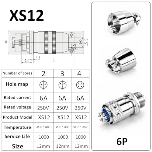 CLYXGS 4 Pack XS12 Aviation Plug Connector, 6 Pin 12mm Push-Pull Circular Connector, 6A 250V Quick Disconnect Wire Cable Male & Female Plug Socket Kit for Industrial, Automotive, and Marine - style: XS12-6