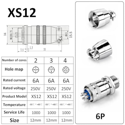 CLYXGS 4 Pack XS12 Aviation Plug Connector, 6 Pin 12mm Push-Pull Circular Connector, 6A 250V Quick Disconnect Wire Cable Male & Female Plug Socket Kit for Industrial, Automotive, and Marine - style: XS12-6