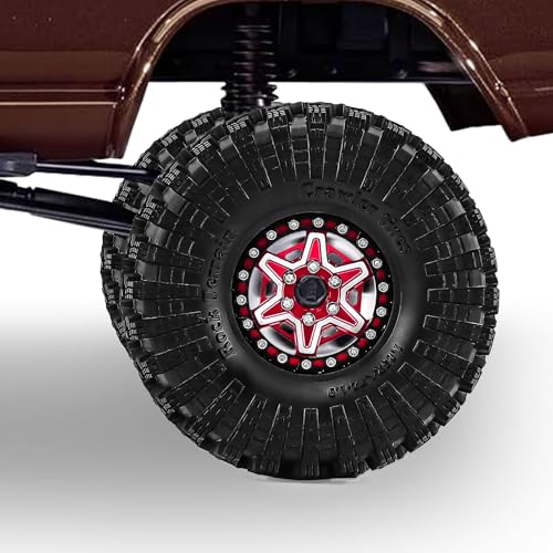 1.9" Beadlock Wheels and Tires 120mm (4.72in) for SCX10, TRX4, and 1/10 RC Crawlers, CNC Aluminum Alloy Rims, Soft Tires with Foam Inserts, Tool Included (Red+W tires) - color: Red+W tires