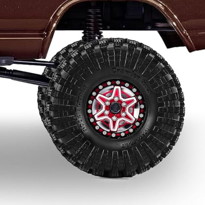 1.9" Beadlock Wheels and Tires 120mm (4.72in) for SCX10, TRX4, and 1/10 RC Crawlers, CNC Aluminum Alloy Rims, Soft Tires with Foam Inserts, Tool Included (Red+W tires) - color: Red+W tires